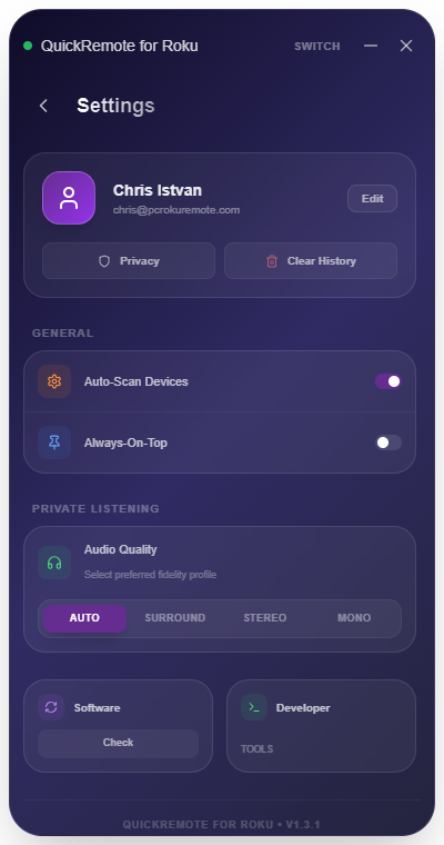 QuickRemote settings with Always-On-Top toggle option